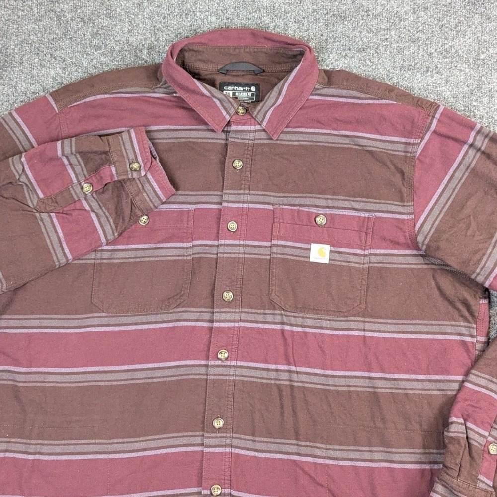 Carhartt Fleece Lined Long Sleeve Shirt Mens 2XL Tall Burgundy Brown Striped